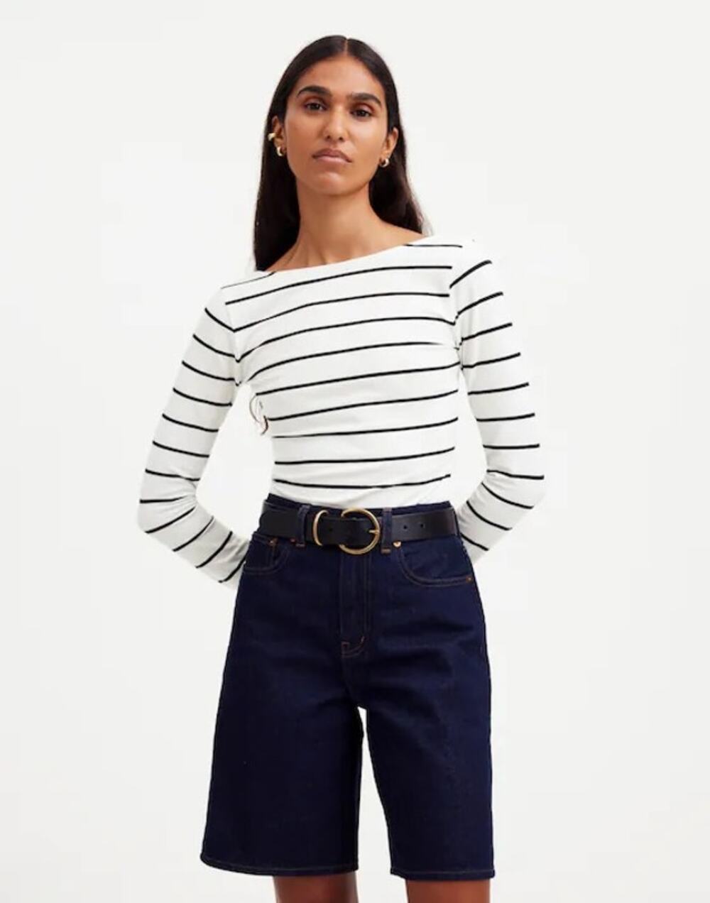 Madewell Long-Sleeve Scoopback Tee White Black Stripe - Size: Large